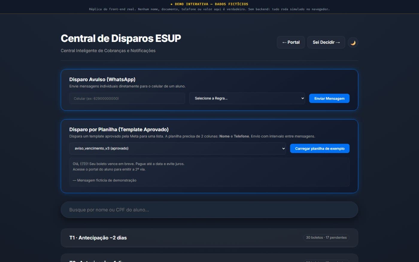 Tela do projeto Central de Disparos ESUP